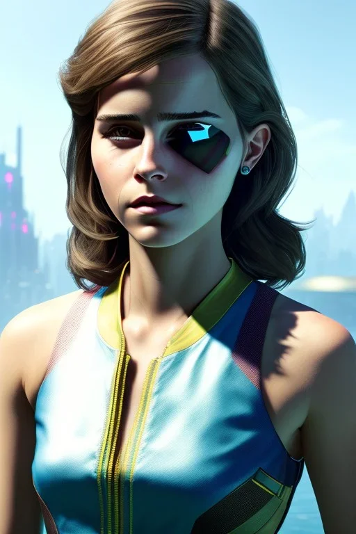 Emma Watson, full-length, in a swimsuit, cyberpunk 2077, photorealistic illustration, 1k