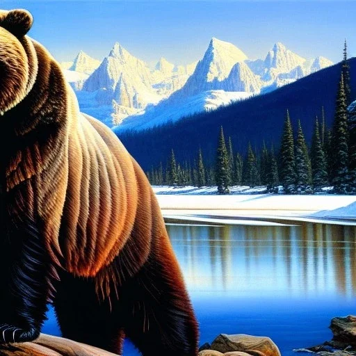 portrait of 'Grizzly Bear',River,snow,mountains,painting by Earl Norem, simon Bisley,frazetta,西嘛哒, evan lee, Vallejo,kelly oil on canvas, cinematic composition, extreme detail,fit full head inside picture,8k