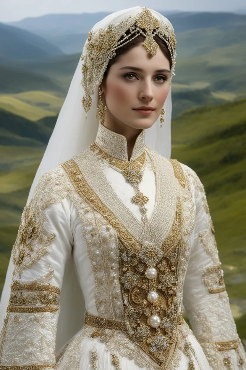 Circassian bride over the valley, close-up, proud beauty, cap, scarf, embroidered Circassian women's wedding dress of the 19th century, top dress "jan", cross fasteners bibs, caftan "kIekI", top swing dress "sai" emphasis on small details and pattern , intricate beautiful, rich, complex pattern, pearls, gold beads, cabochons, on leather and velvet, gold braid around the edge, garus, gimp, watercolor, ink drawing, hyperrealistic, art photo, folklore