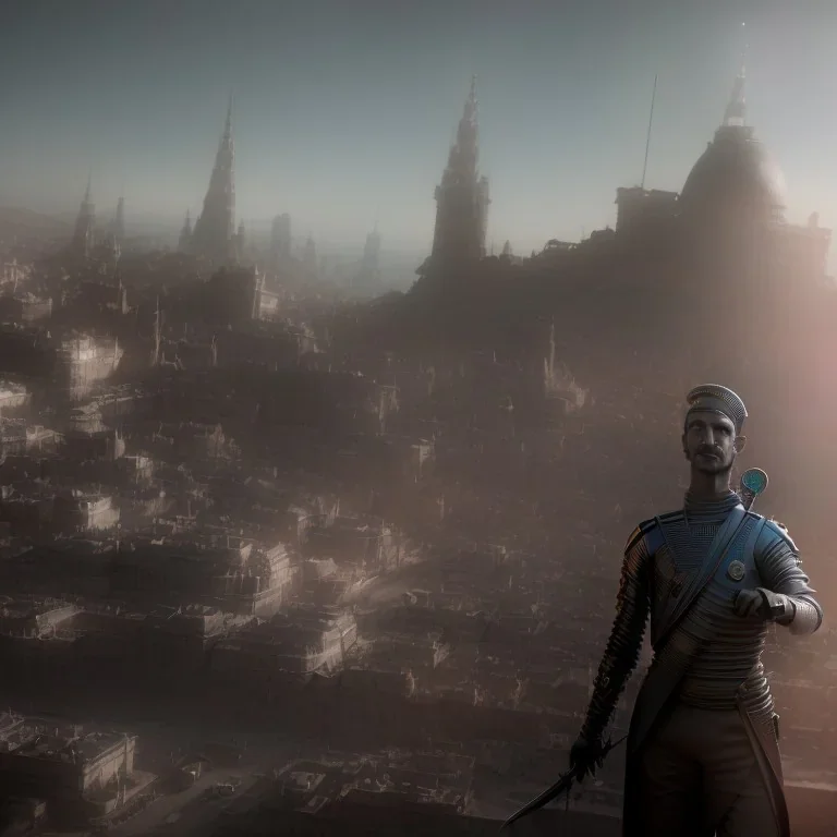 person with a sword overlooking a apoctolipticcity