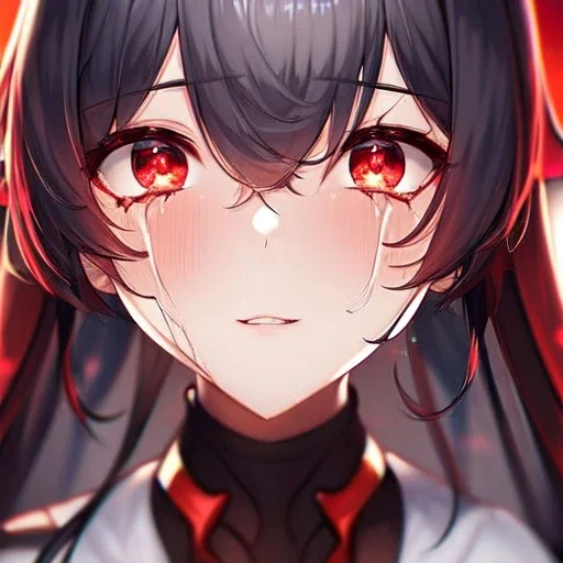 Clear Focus, High resolution, girl crying, glowing red eyes, extreme close up