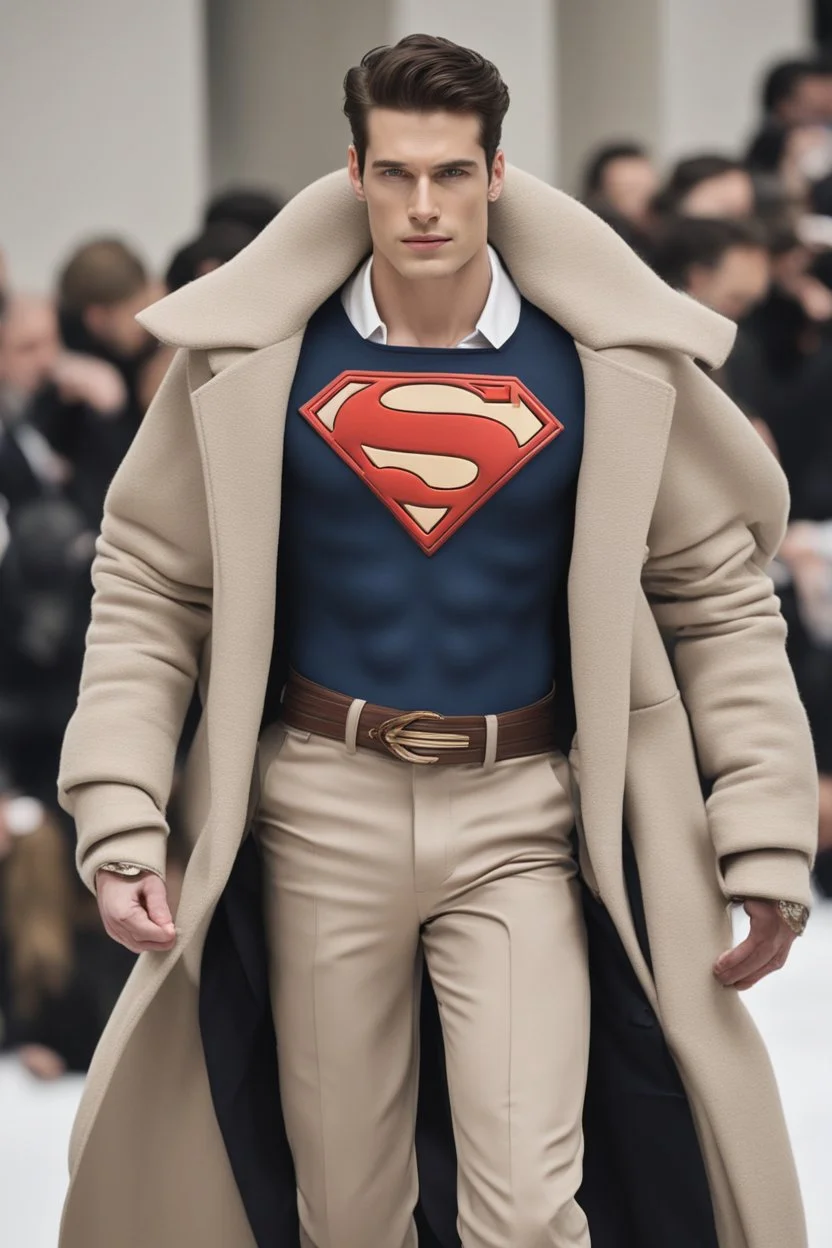 Men winter fashion runway modern clothes inspired by Superman design style clothes, elegant beige tones