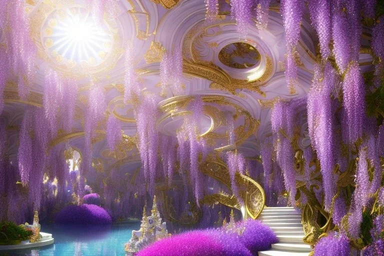 a magical crystal flower lys bougainvillier, arbor of pink wisteria, blue gold house crystal castle in wood of a lot of pink wisteria,blue lake,sun,white swanns,pink vertical, blue lake,sharp, vines, candlelit, endor, ornate, elegant, highly detailed, artstation, concept art, smooth, sharp focus, illustration, 8k, splash art, wallpaper, key visual