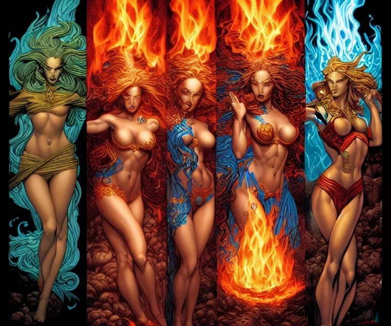 Four doll divine representing each one the four elements: fire, earth, air, and water. Mark Brooks and Dan Mumford comic book art. Four images 4.