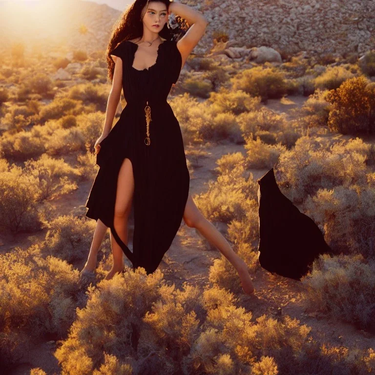 Isane pretty young woman Top Model in a stunning maximalist short flowy dark dress, vogue, 8k, ektar, joshua tree, fashion. golden hour cinematic, rebecca guay, frank frazetta.