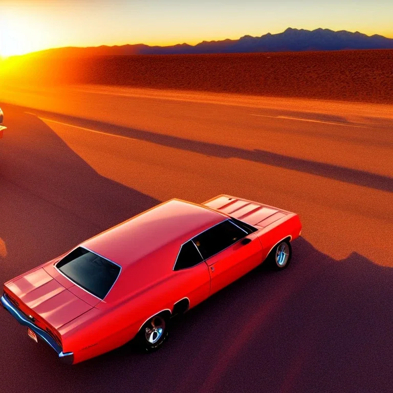 muscle car, just married couple driving, desert road, sunset, full colour,