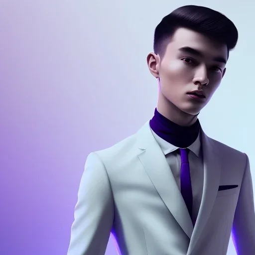 man, cute face, white highlight hair, brown eye, white, skin, purple suits, futuristic, science, purple, blue, dark pink background lighting, technology, profile, asian boy, square face, light orange, pug