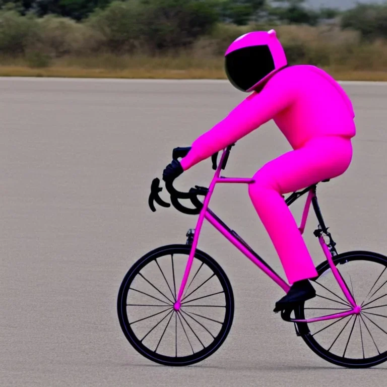 astronaut in pink suit flying through space on a bicycle