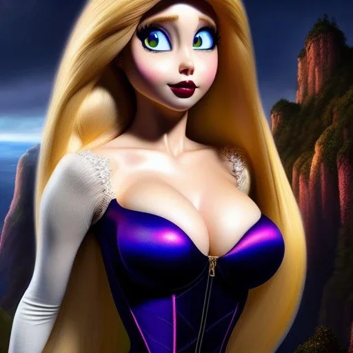 Ultra detailed fullbody Portrait in oil on canvas of busty Rapunzel wearing minimal skintight suit,intense stare,wearing tight corset,extremely detailed digital painting, extremely detailed face,crystal clear Big eyes,perfect iris, mystical colors ,perfectly centered image,cinematic composition,rim light, beautiful lighting,masterpiece,16k, stunning scene,raytracing,fit full head inside picture, in the style of robert e howard and Ken Kelley and Ohrai Noriyoshi and Simon Bisley