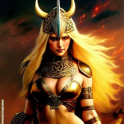 portrait 'beautiful Sexy busty Blonde Sif',long hair,horned helmet, celtic tattoed,painting by gaston bussiere, greg rutkowski, yoji shinkawa, yoshitaka amano, tsutomu nihei, donato giancola, tim hildebrandt, oil on canvas, cinematic composition, extreme detail,fit full head inside picture,32k