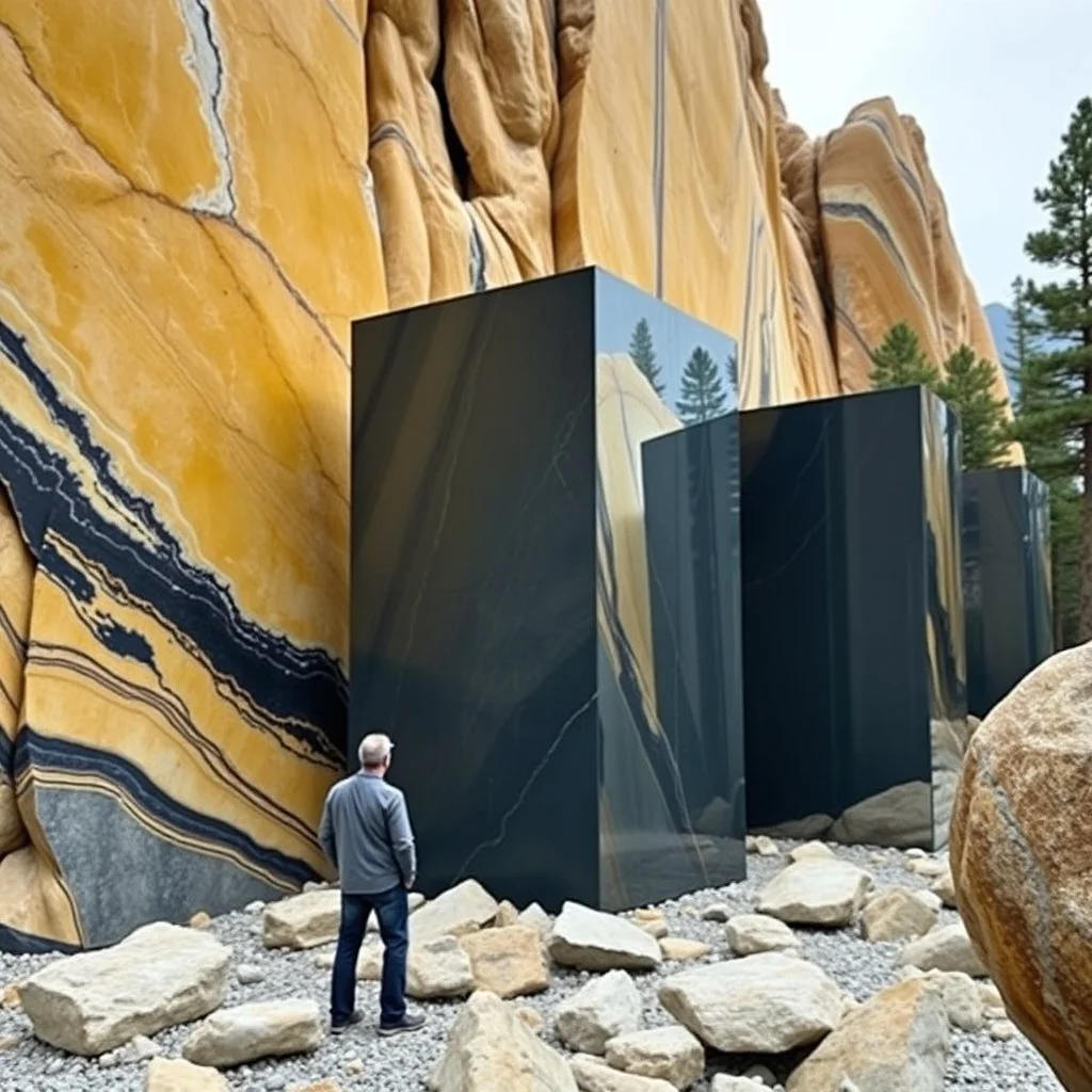 Un'immagine di un paesaggio naturale con marmi gialli e blu scuro, con striature, imponenti e altissimi, accanto a strutture artificiali e alberi. Queste strutture sono blocchi rettangolari riflettenti, che creano un contrasto tra il naturale e l'artificiale. Persona osserva. La scena trasmette un senso di sospensione e dialogo. Dettagli degli specchi e delle rocce molto accentuati