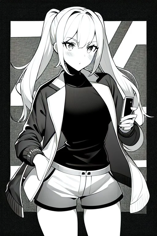 blonde girl with ponytails dressed in a jacket and shorts makes its way in the dark, greyscale