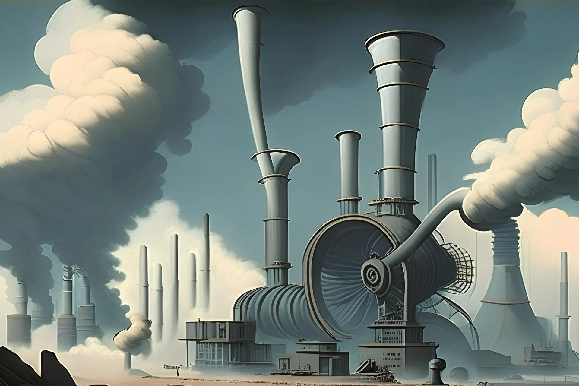 turbine construction factory , surrealist illustration, steam and smog around,