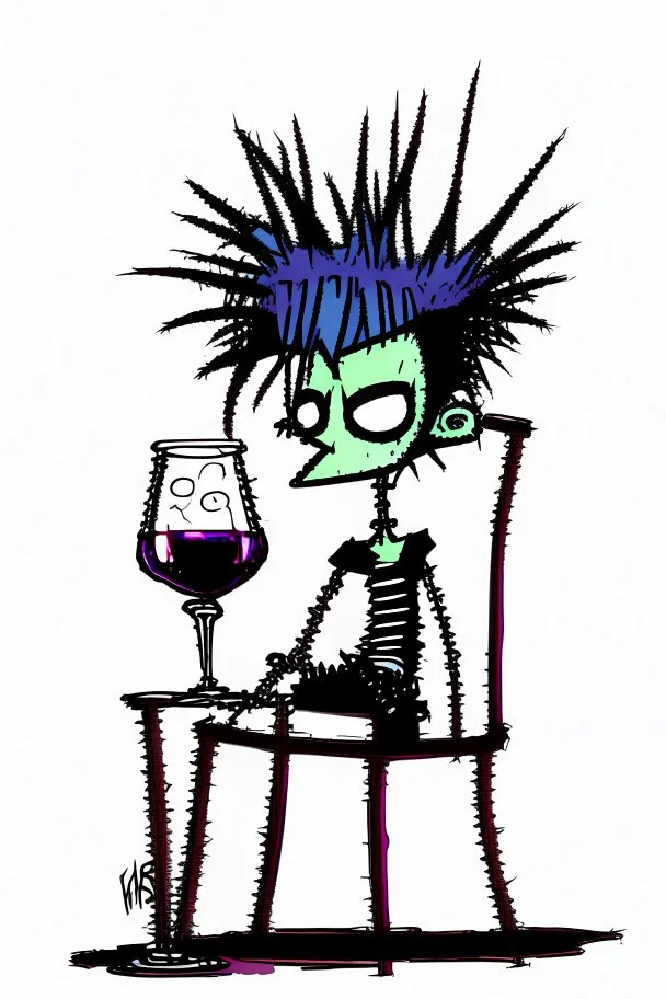 2d drawing of a stickman, cool with punk hair, x eyes like in hangman, sitting on chair with wine glass,3d realistic in colour