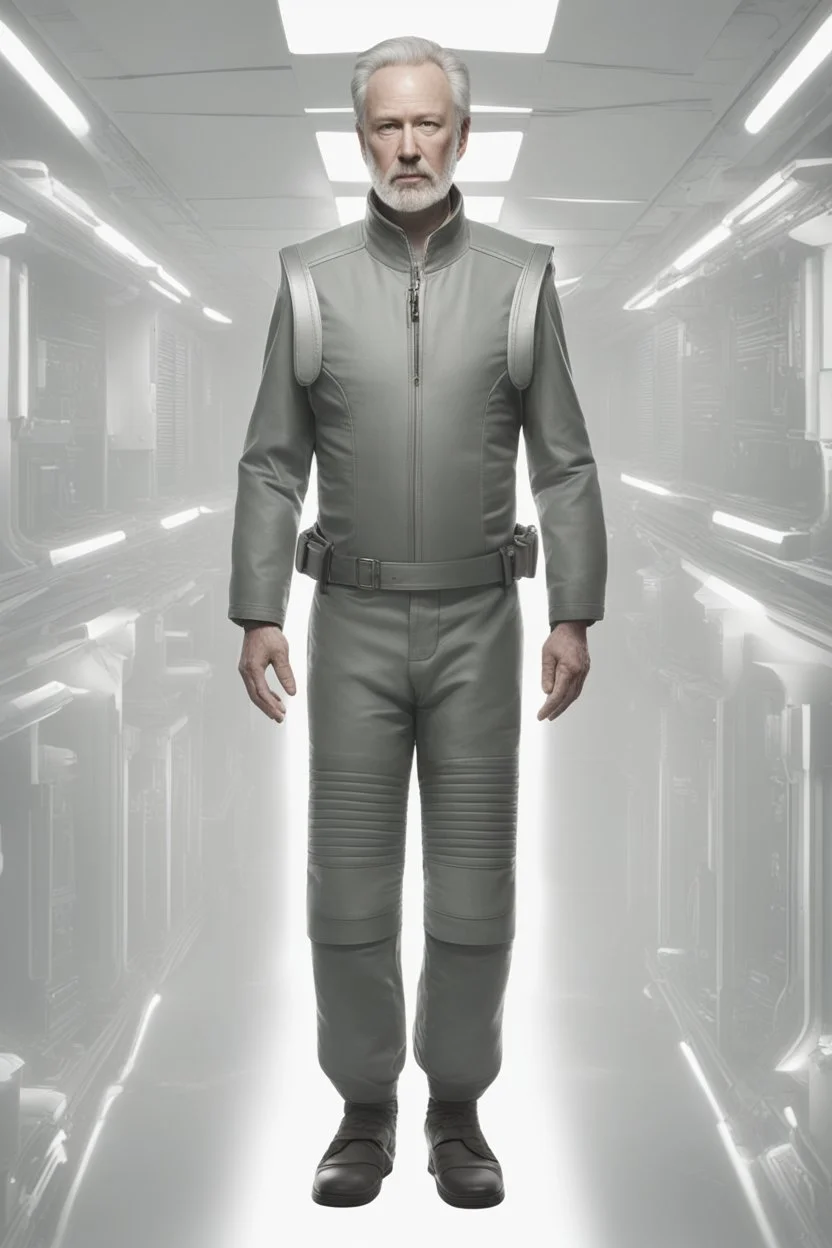 A full body portrait of a man in his 50s. From the future. looks unpleasent