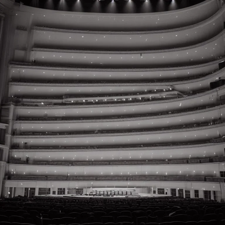 a single chair on stage under spotlight at a dark and empty symphony hall