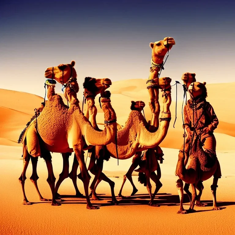 Camel walking in the desert with a group of metal singers , album cover