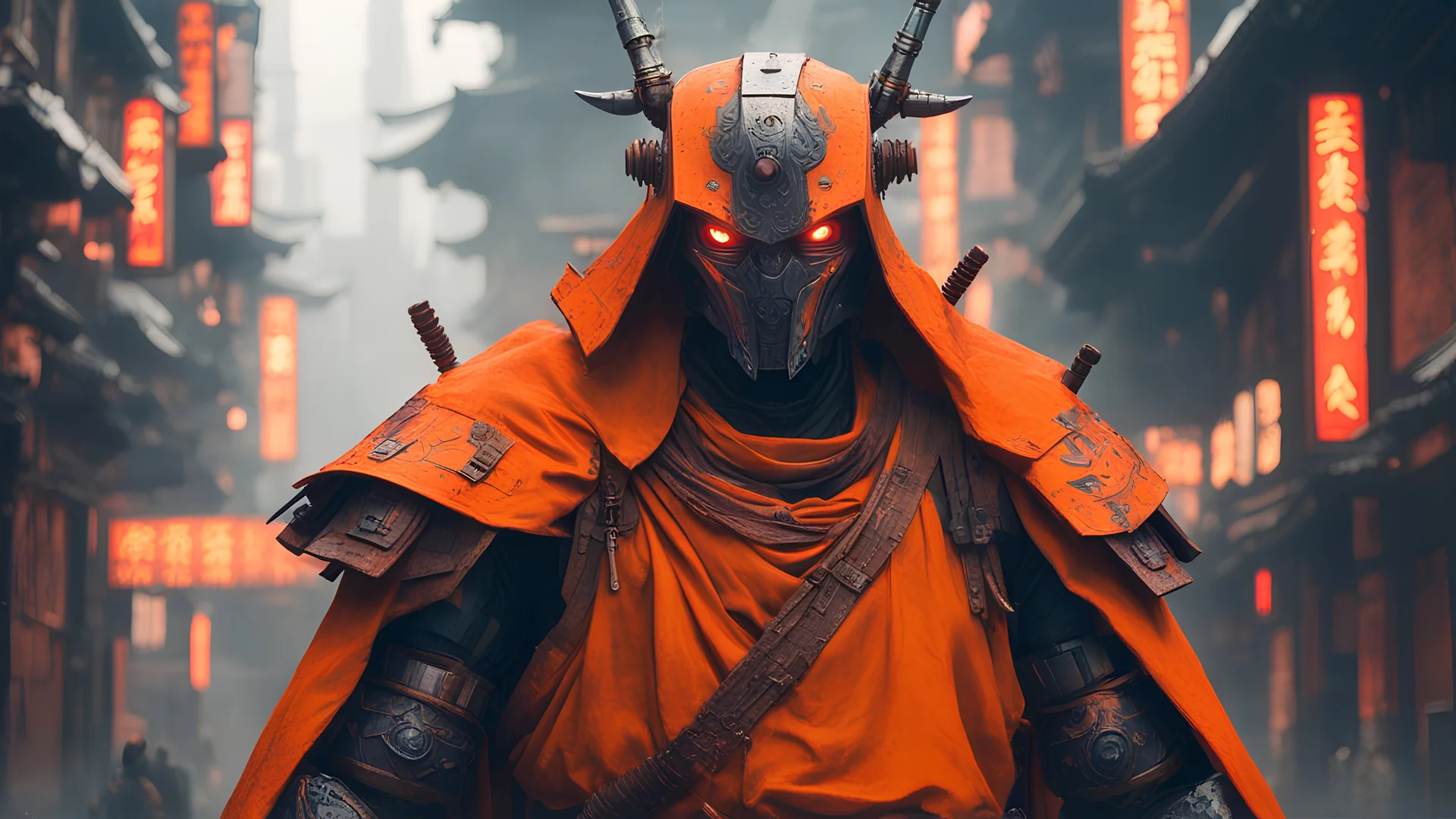 samurai robot in orange cloak in a cyberpunk environment