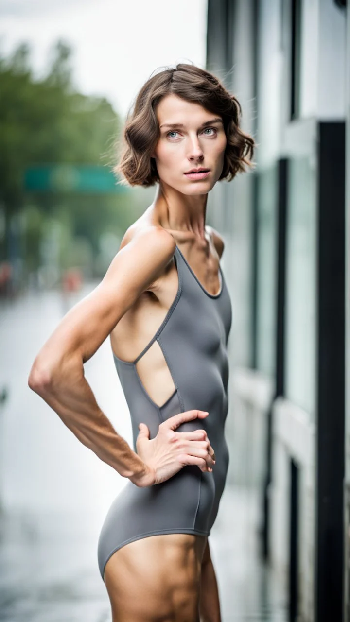 beautiful anorexic young woman, total shot, grey triathlon swimsuit, short brunette wavy bob hair, blurred city background