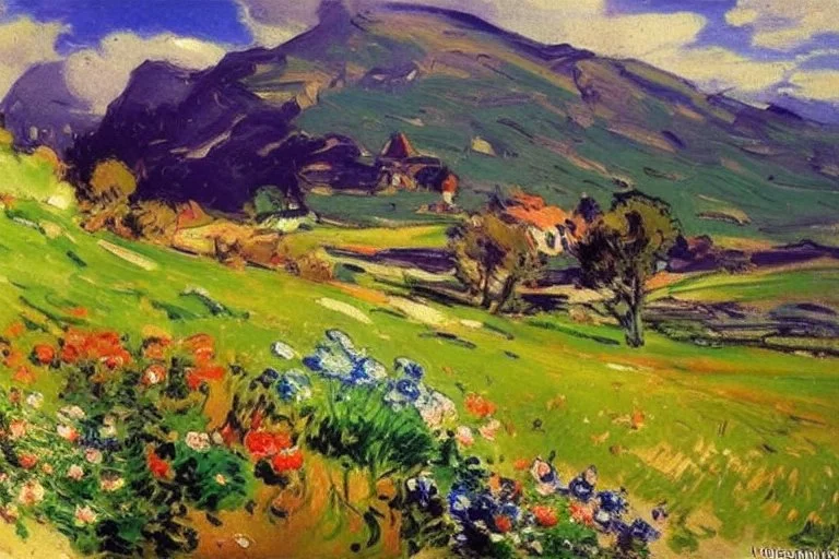 Mountains, sunny day, clouds, rocks, flowers, grass, distant houses, vegetations, distant trees, lesser ury and konstantin korovin impressionism painting