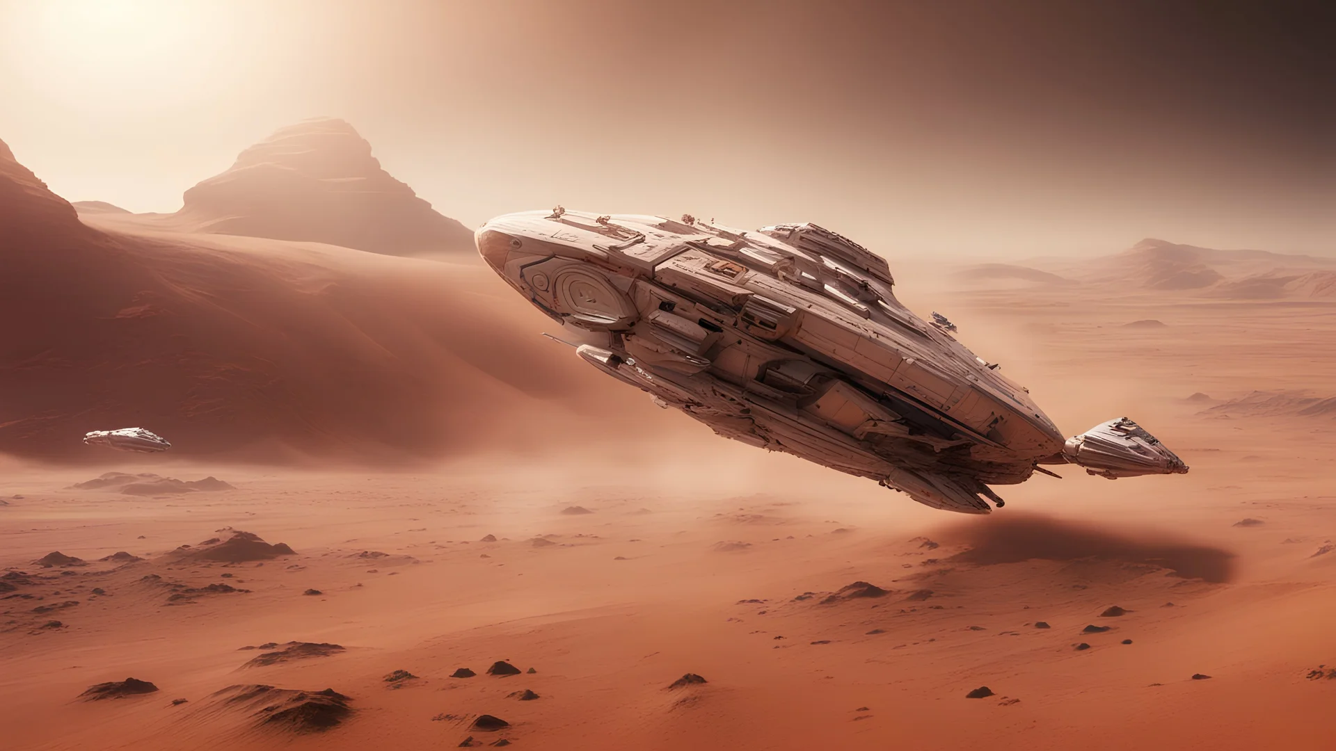 Highly detailed spaceship flying through the dessert above mars, image capturing the dynamic and implied movement, establishing shot, sand - storm, mars desert, peach light, movie still