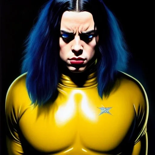 (full body),full body view portrait oil on canvas,'Billie Eilish wearing skintight latex suit',comic book cover, mystical colors,insanely detailed,realistic,intrincate detail,crystal clear eyes,perfectly drawn face, 16k resolution, masterpiece,Simon Bisley,Frank Frazetta,Alex Horley,ARTHUR ADAMS