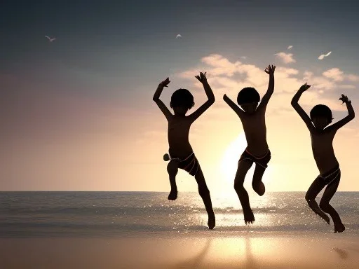 indian children jumping in the water on a beach capture them against the sun and make an art silhouette, hyper details, real sharp, 8k, cinematic movie