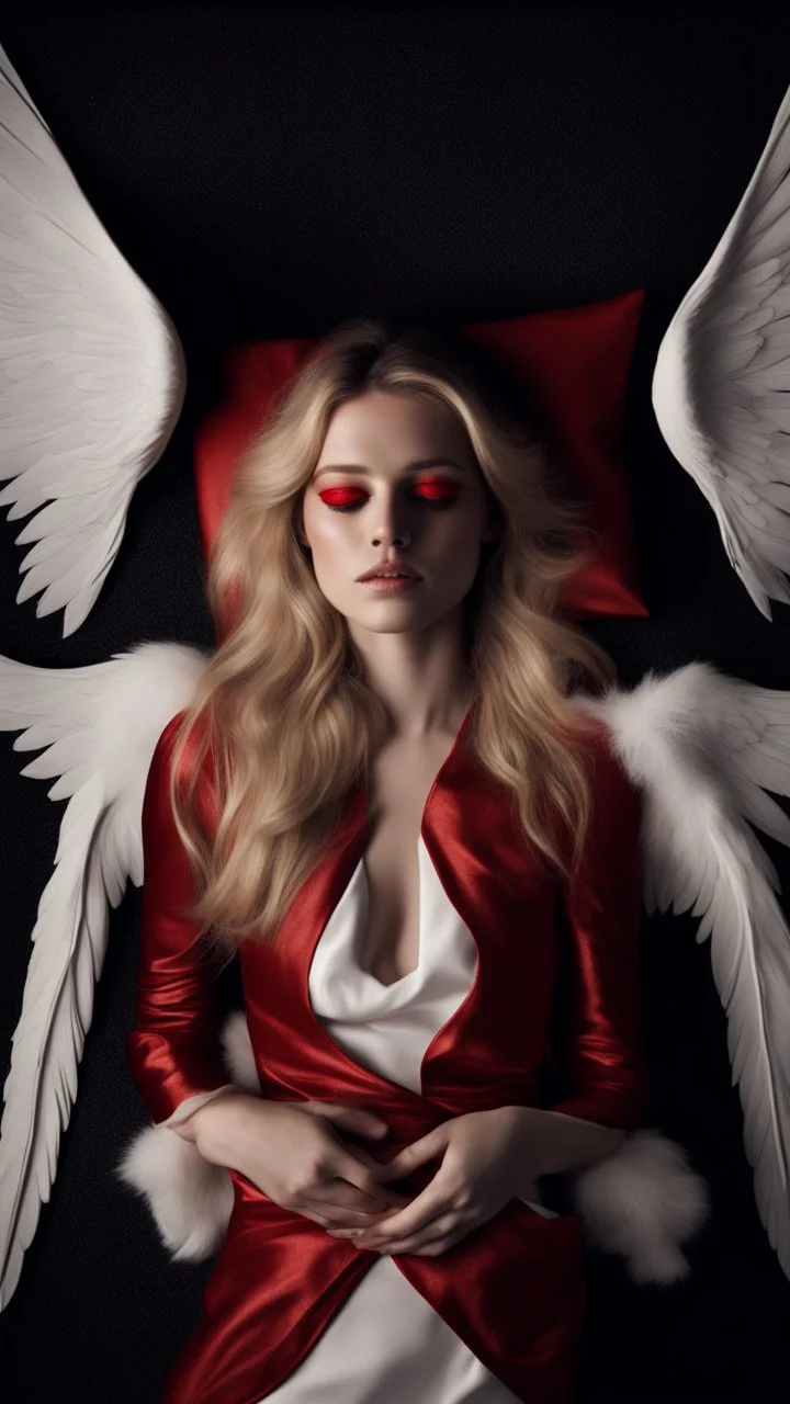 A blonde girl in her twenties, with white wings, and a red bandage over her eyes. She sleeps on a luxurious black carpet. Cinematic photo from above.