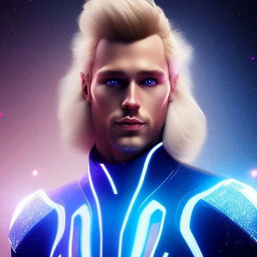 Handsome cosmic man realistic, blond hair, blue eyes, tron glitter suit, blue lights, stars in background, unreal engine 5