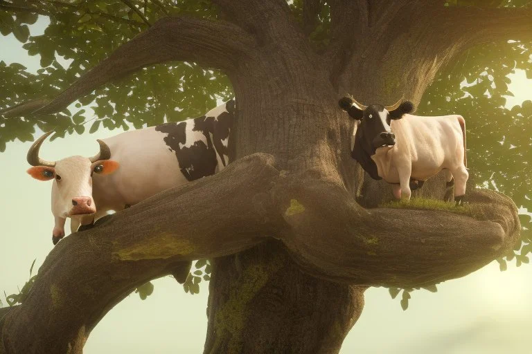 cow stuck in the top of a tree can not get down