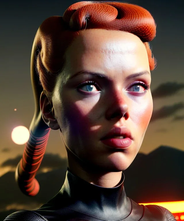 retro sci-fi portrait image from 1960, supermarket parking explosion, fire, classic black widow, young Scarlett Johansson, tight lycra suit, soft color, highly detailed, unreal engine 5, ray tracing, RTX, lumen lighting, ultra detail, volumetric lighting, 3d, finely drawn, high definition, high resolution.