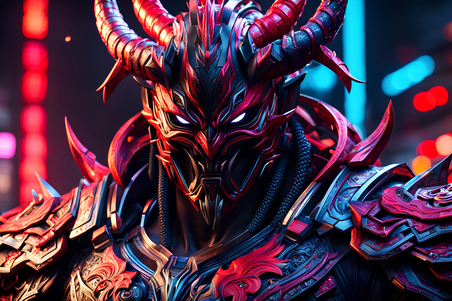 Carnage oni in 8k cgi game artstyle, ronin costum, galaxy mask, cover face, dynamic pose, oshare kei, hurufiyya, rtx , neon lights, intricate details, highly detailed, high details, detailed portrait, masterpiece,ultra detailed, ultra quality