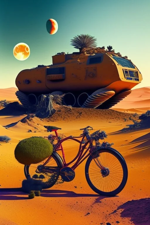 A weird abstract image of an oasis, a camel, astronot, broken bicycle, bush of black old roses, clear skies with red moon, army tanker, weird, chaos80, surrealism