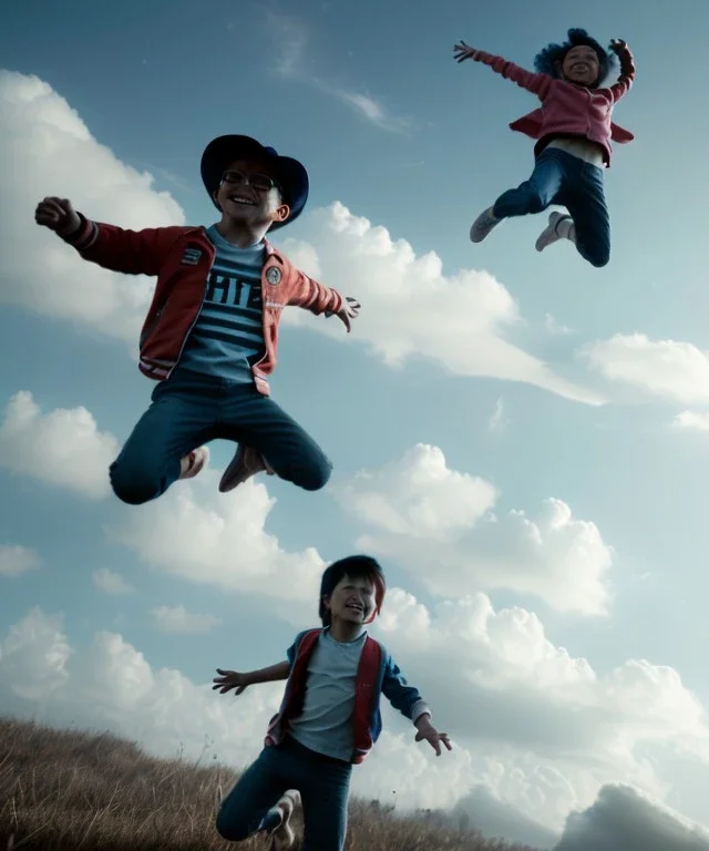 Ultra realistic thriller sky scene, portrait, Childs jumping flying with trinkets, smile, happy, Wes Anderson style, wind, clouds, color fog, soft color, highly detailed, unreal engine 5, ray tracing, RTX, lumen lighting, ultra detail, volumetric lighting, 3d, finely drawn, high definition, high resolution.