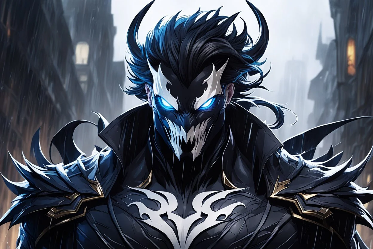 venom machine in 8k solo leveling shadow drawing style, yasuo costume, yasuo hair, rain, highly detailed, high details, detailed portrait, masterpiece,ultra detailed, ultra quality