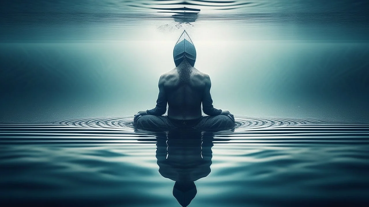 Generate a geometric photography of a character meditating under the water. Add a subtle grain texture for depth. Emphasize simplicity and tranquility, capturing the transformative essence of meditation.