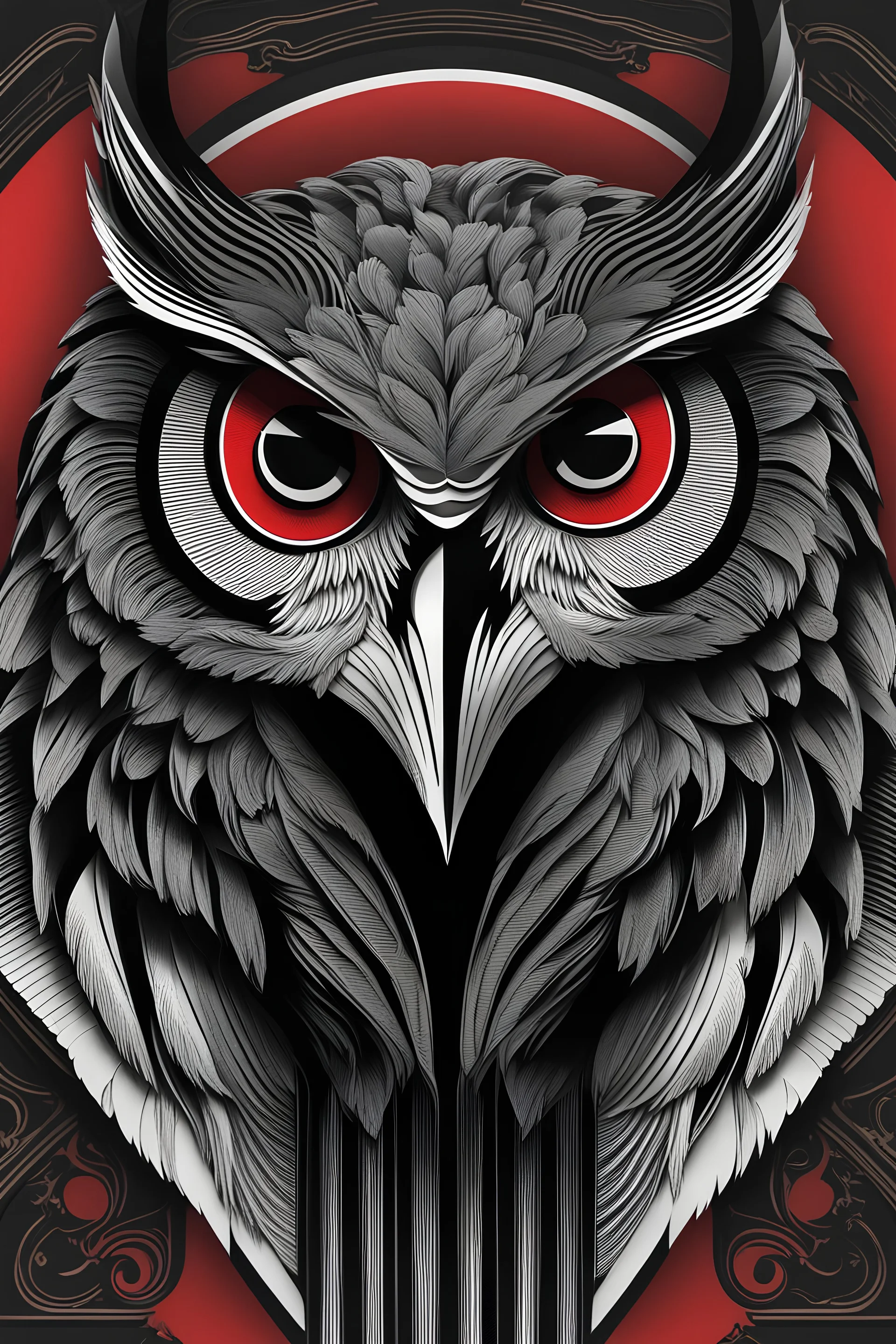 logo design, bunchy, 3d lighting, Black, white and red owl, highly detailed face, cut off, symmetrical, friendly, minimal, round, simple, cute