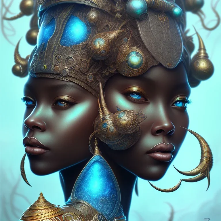 sango fantasy, fantasy magic, intricate, sharp focus, illustration, highly detailed, digital painting, concept art, matte, masterpiece head sexy view black African beauty black afro hair space lady turquoise carp skin African one head space journey rocket ship