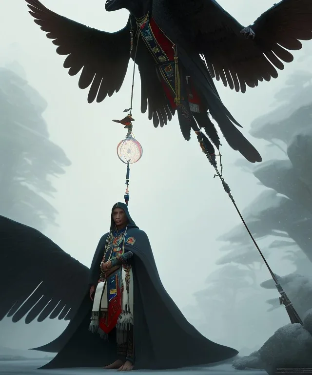 native american warrior, wizard doctor, long black hair, black hooded coat like wings, 8k resolution concept art portrait by Greg Rutkowski