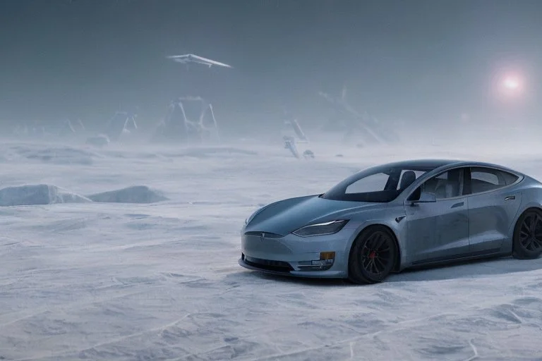 A Tesla 'Model Y' is drifting at top speed, on the planet 'Hoth'. CINEMATIC. WIDE ANGLE LENS. PHOTO REAL.