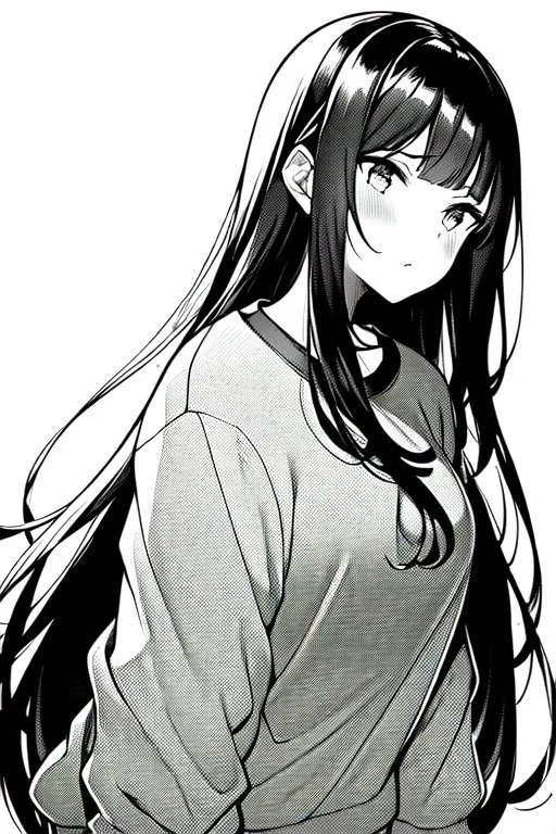 girl in love with long hair thinks in a loose sweatshirt, line arts, greyscale,