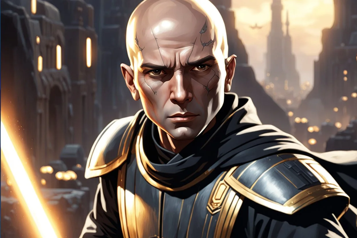 star wars bald male corellian jedi pilot wearing black and gunmetal grey old republic armored robes with gold trim, alone, battle-ready Jedi Master defending a ruined ancient city surrounded by golden light, centered head and shoulders portrait, hyperdetailed, dynamic lighting, hyperdetailed background, 8k resolution, volumetric lighting, light skin, fully symmetric details