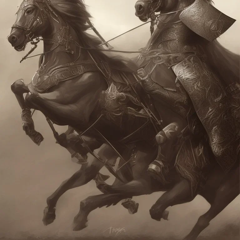 Medieval cavalry galloping. Warriors. Leather armor. Black. Sharp details. Roar.