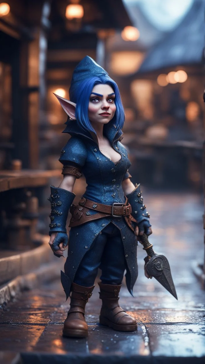 full figure with metallic stone gauntlets holding dark blue jagged dagger, standing on wet tiled floor outside fantasy tavern, female vampire gnome from worms armageddon wearing makeup, bokeh like f/0.8, tilt-shift lens 8k, high detail, smooth render, down-light, unreal engine, prize winning