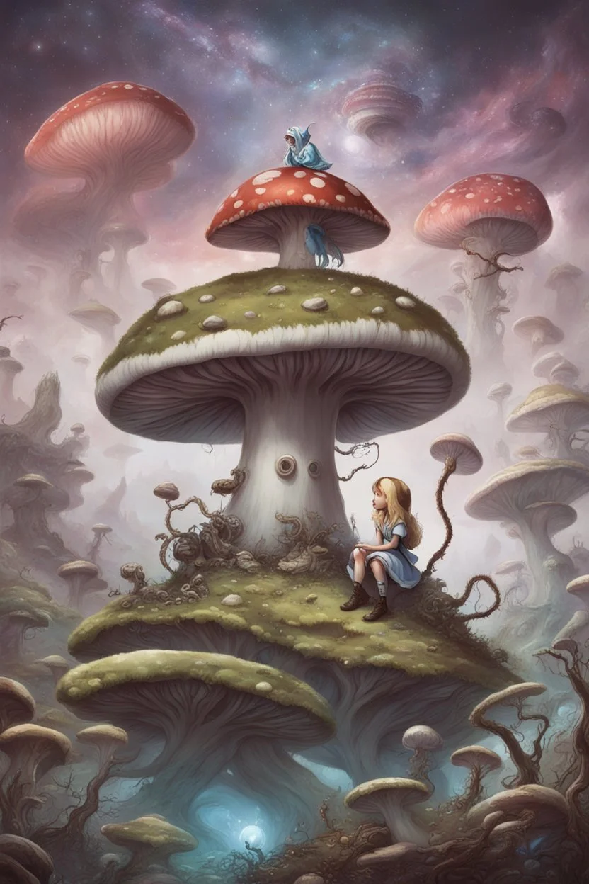 Alice in Wonderland, in a space suit, sitting on a huge mushroom with tentacles hanging down, in an alien landscape