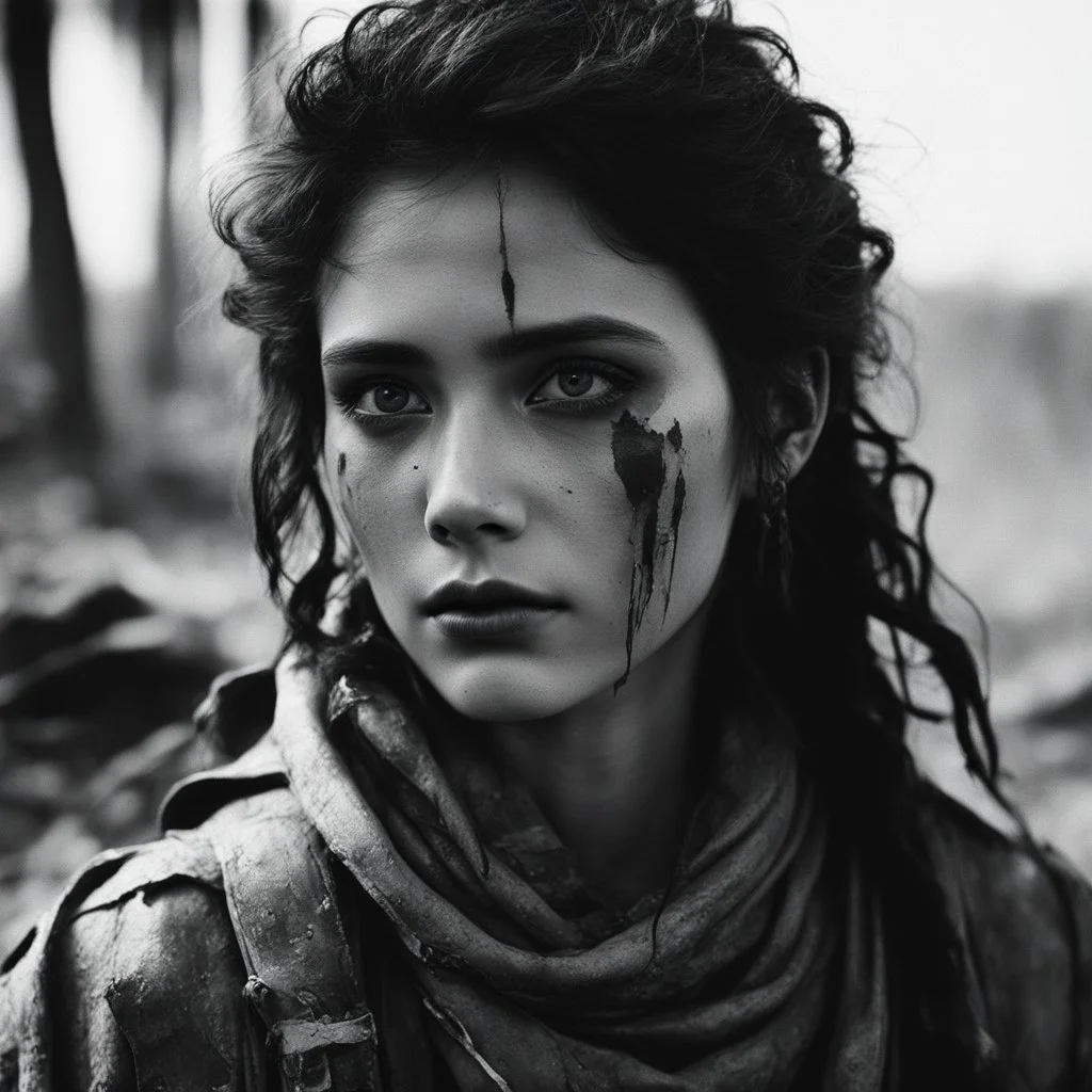 [vintage style noisy scratches glitches, Shot the texture and then rewound the film and double exposed the face] In the fractured remnants of a world that forgot mercy, she is the spark left behind. A war-born nomad, inked with stories of survival and vengeance, her weapon is more than metal—it's memory. With eyes that have seen too much and blinked for no one, she walks the ruins not to conquer, but to remind the wasteland it hasn't broken her. Not yet.