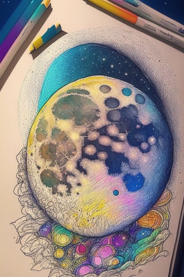 Large moon, doodle, drawing, color, detailed