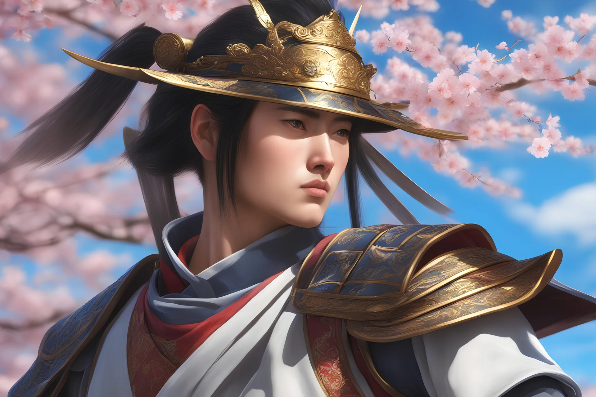 Angle Raw, samurai warrior ((masterpiece)), (beauty:1.3), iconic asp headpiece, masterful sword, UHD, 64K, hyperrealistic, vivid colors, , 8K resolution, japan cherry blossom background with blue sky, HDR depth, ultra detail, commanding regal aura, oil painting