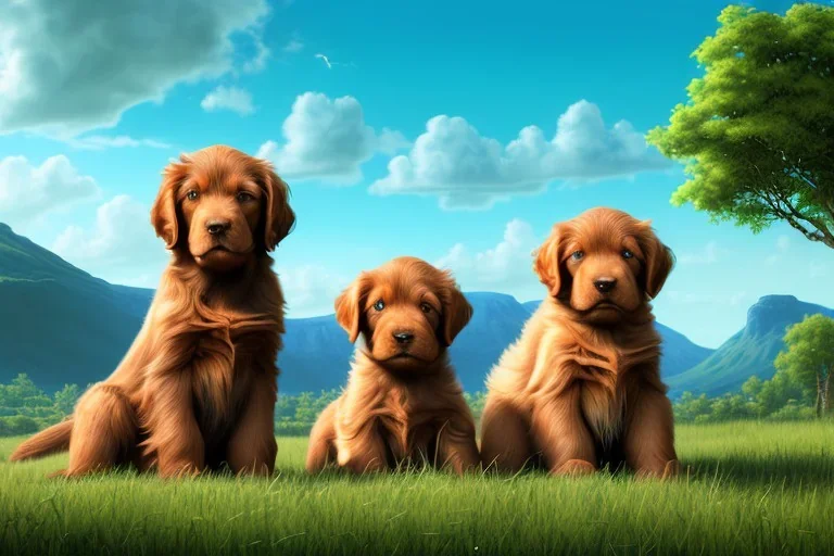 digital gouache matte painting, volumetric nature environment, organic, (( cute ( irish setter puppies and golden retriever puppies ) playing together )), close-up portrait, elegant, intricate, realistic shaded volumetric lighting, volumetric clouds, concept art, detailed eyes, illustration, 8k, uhd, hires, backlight, centered camera view, vitality colors, ambient occlusion, sunlight caustics, design and art by sam curry