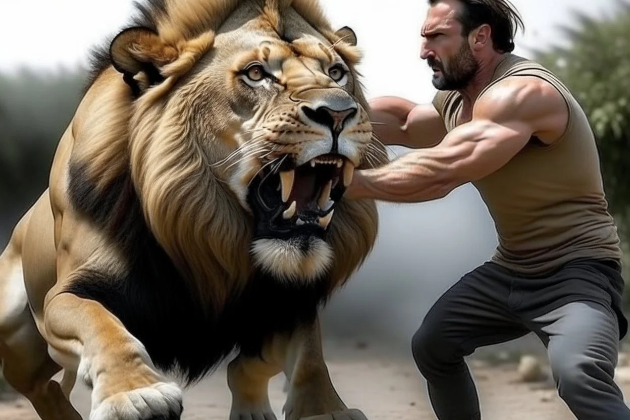 MAN FIGHTNG LION REAL LIFE PHOTO REASLISTIC